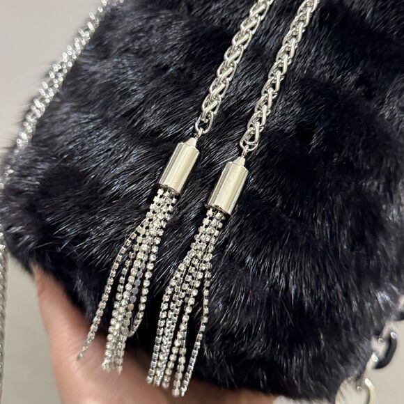 Black Multi Use Handmade Genuine Mink Fur & Drawstring Bucket Bag with 3 Straps - Picture 15 of 16